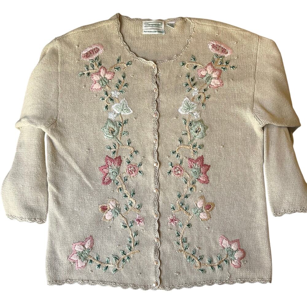 Shenanigans Women Beautiful Knit Jackets size L Natural Beige Floral Embroidery